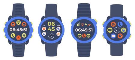 Set of Smart watch icons isolated. Modern Hand watch with black strap. Circle Smart watch top view. Digital watch with App icons. illustration vector