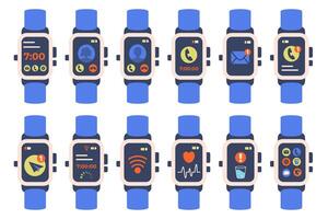 Modern smartwatch with colorful app icons on screen. Smart watch icons isolated. Wearable device for fitness, notifications. Digital wrist device. Health tracking and mobile connectivity. vector
