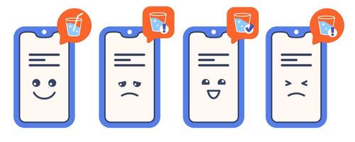 Mobile phone with digital alert to drink water. Cute Cartoon characters with various emotions. Kawaii face. Smartphone screen with hydration reminder. Notification. Wellness mobile concept. vector
