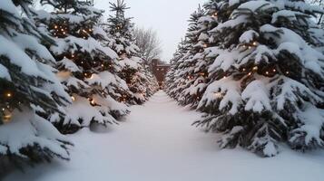 A snowy path lined with evergreen trees photo