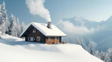 A small cabin in the snow with a chimney photo