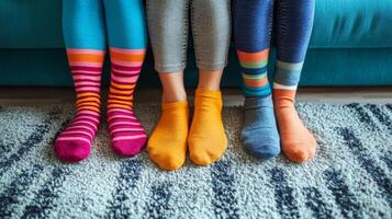 Three women wearing colorful socks on a couch photo