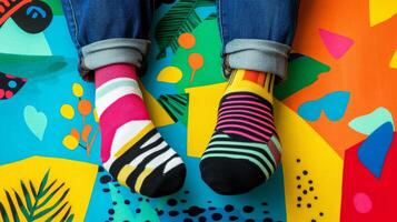 A person wearing colorful socks on a colorful background photo