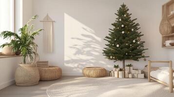 A room with a christmas tree and a bed photo