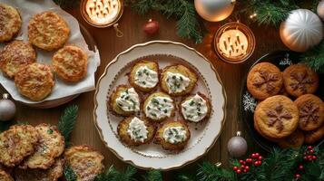 A table with christmas cookies and candles photo