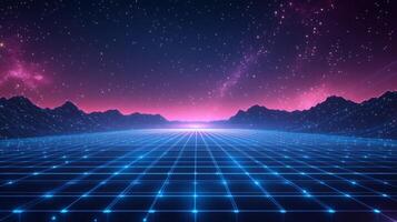 80s retro futuristic background with mountains and stars photo