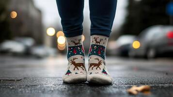 A woman wearing christmas socks standing on the street photo
