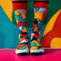 A man wearing colorful socks standing in front of a colorful wall photo