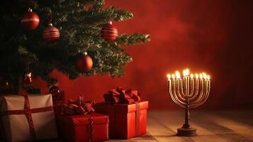Hanukkah menorah and presents on red background photo