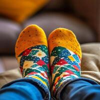 A person wearing colorful socks on a couch photo