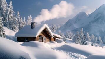 A cabin in the snow with a chimney photo