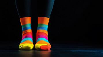 A person wearing colorful socks standing on a black background photo