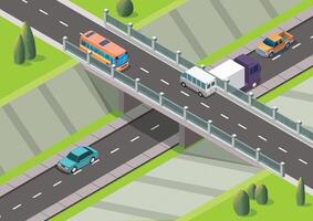 Isometric highway with flyover intersection and vehicle vector