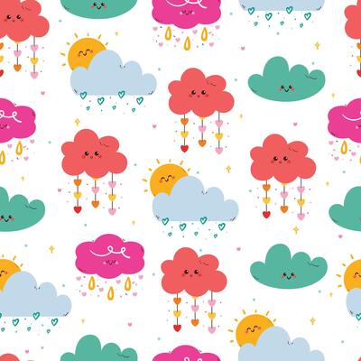 seamless pattern cartoon clouds character with love rain. cute sky element wallpaper for kids background
