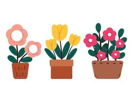 hand drawing cartoon flower pot and leaves sticker set. cute plant, doodle set vector