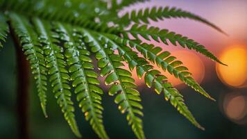 A close-up of a fern leaf with water droplets, set against a blurred sunset background. photo
