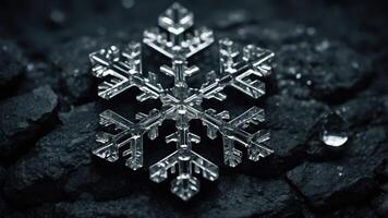 A close-up of a snowflake resting on dark stones, showcasing intricate details. photo