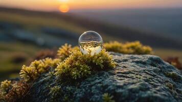 A crystal orb resting on mossy rock, capturing a sunset in the background. photo