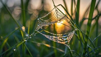 A close-up of a spiderweb adorned with dew drops, illuminated by a soft sunset glow. photo