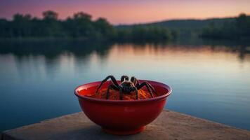 A tarantula sits on a mound of orange substance in a bowl by a tranquil lake at sunset. photo