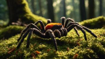 A detailed close-up of a spider on moss in a forest setting. photo