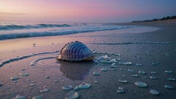 A seashell rests on a sandy beach at sunset, surrounded by gentle waves and bubbles. photo