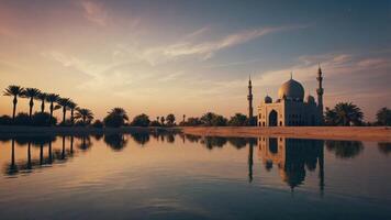 A serene mosque reflected in calm waters at sunset, surrounded by palm trees. photo