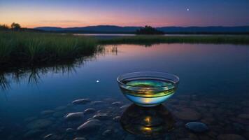 A serene landscape at dusk featuring a bowl of liquid on smooth stones by a calm water body. photo
