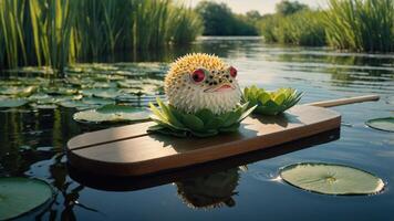 A pufferfish resting on a wooden paddle surrounded by lily pads in a serene water setting. photo