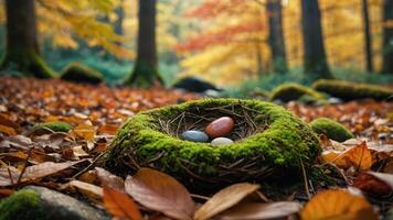 A bird's nest with colorful eggs surrounded by autumn foliage in a serene forest setting. photo