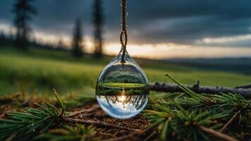 A crystal droplet reflects a serene landscape at sunset, suspended in nature. photo