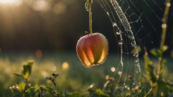 A solitary apple hangs from a spider web, glistening with dew in a serene outdoor setting. photo