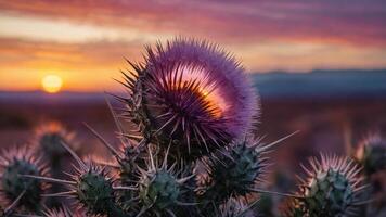 A vibrant cactus flower illuminated by sunset colors in a desert landscape. photo