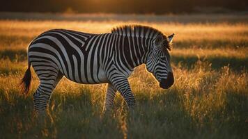 A zebra walks through a sunlit field, showcasing its distinctive black and white stripes. photo