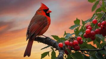 A vibrant cardinal perched on a branch with berries against a colorful sunset backdrop. photo