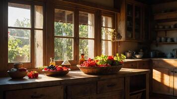 A rustic kitchen scene with fresh fruits displayed on wooden tables and sunlight streaming in. photo