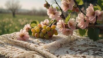 A serene arrangement of pink blossoms and grapes on a lace cloth in a natural setting. photo
