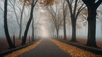 A misty path lined with trees and fallen leaves, creating a serene autumn atmosphere. photo