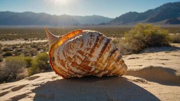 A large seashell rests on sandy terrain with mountains in the background, illuminated by sunlight. photo