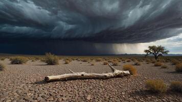 A dramatic landscape featuring a stormy sky, a fallen log, and sparse vegetation. photo
