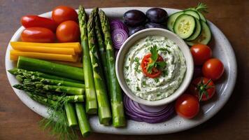 A colorful platter of fresh vegetables with a creamy dip, ideal for healthy snacking. photo