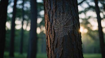 A spider web glistens on a tree trunk in a serene forest during sunset. photo