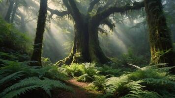 A large tree in the middle of a lush forest photo