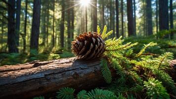 A pine cone resting on a log in a sunlit forest, surrounded by greenery. photo