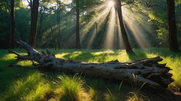 Sunlight streams through trees, illuminating a fallen log in a serene forest setting. photo