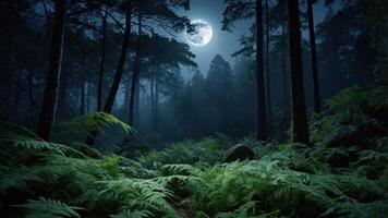 A serene forest scene illuminated by a full moon, showcasing lush ferns and towering trees. photo