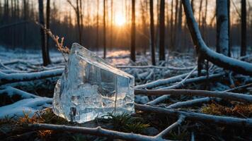 A clear ice block rests on snow-covered ground, illuminated by a sunset in a forest. photo