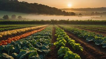 A serene vegetable field at sunrise with misty hills in the background. photo