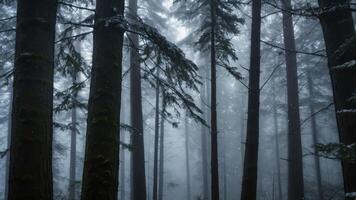 A misty forest scene with tall trees shrouded in fog, creating an atmospheric mood. photo