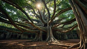 A majestic tree with sprawling roots and branches, illuminated by sunlight in a serene environment. photo